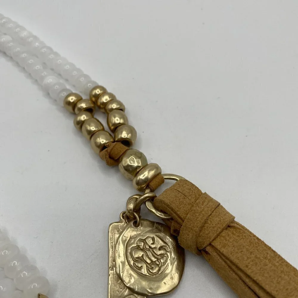 NWOT Chico's White And Gold-Tone Bead Faux Suede Tassel Wen Pendant Necklace